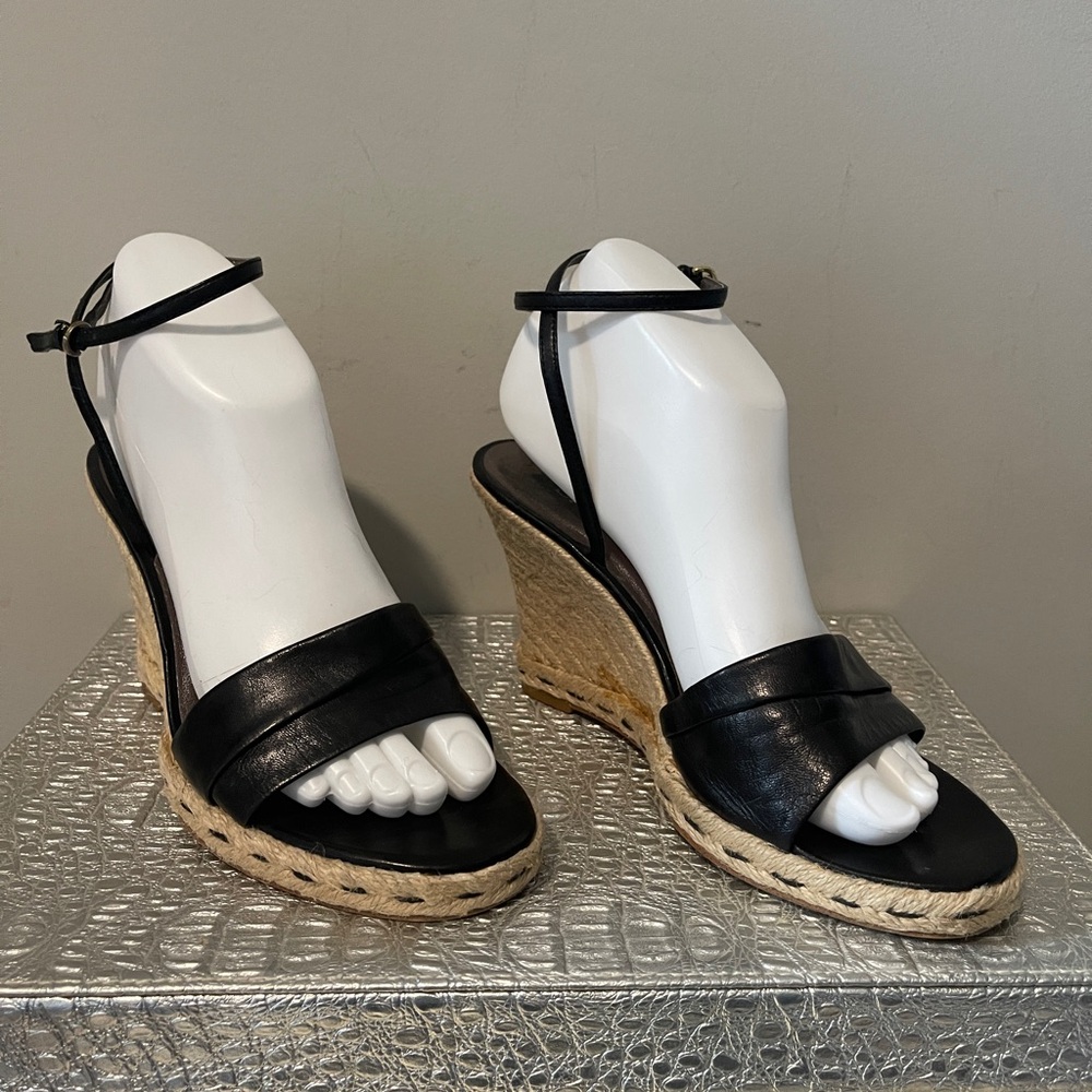 GUC Franco Sarto Leather Wedge Sandals, Black, Women’s Size 7